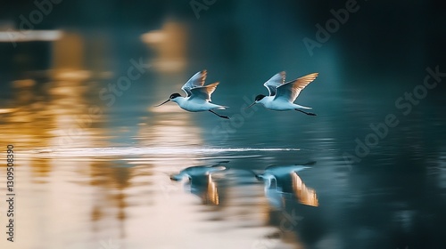 American avocet pair gliding through glassy water soft reflections delicate movements deep cinematic perspective  photo