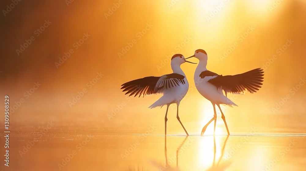 Fototapeta premium American avocets bonding in shallow marshland synchronized movements misty sunrise backdrop cinematic wildlife frame 