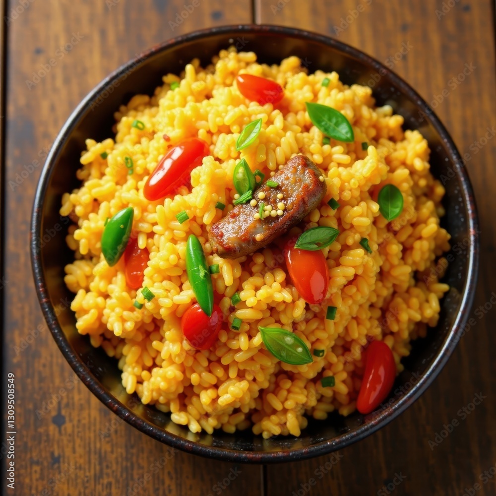 Golden fried rice, vibrant veggies, savory meat , carrot, vegetables Golden fried rice, vibrant veggies, savory meat , carrot, vegetables