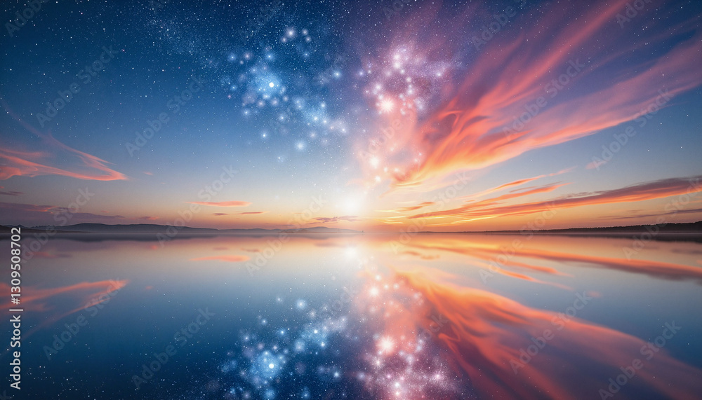 Surreal lake reflecting sky at dusk, balance of seasons Surreal lake reflecting sky at dusk, balance of seasons