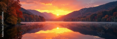 Golden hour sunset over Tarn Hows, vibrant autumn foliage reflected in still water , Lake District, Nature, Beautiful photo