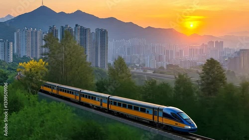 High-speed Train at Sunset in Hong Kong