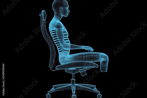 Glowing Wireframe Human Sitting on Ergonomic Office Chair