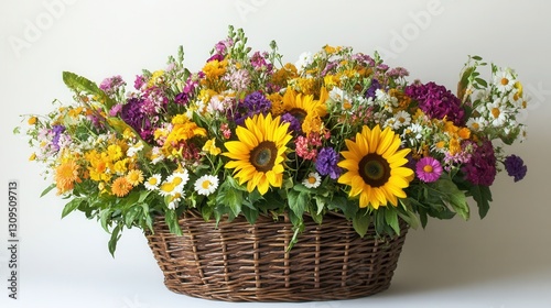 a large summer flower basket overflowing with sunflowers, daisies, and zinnias, creating a cheerful centerpiece.