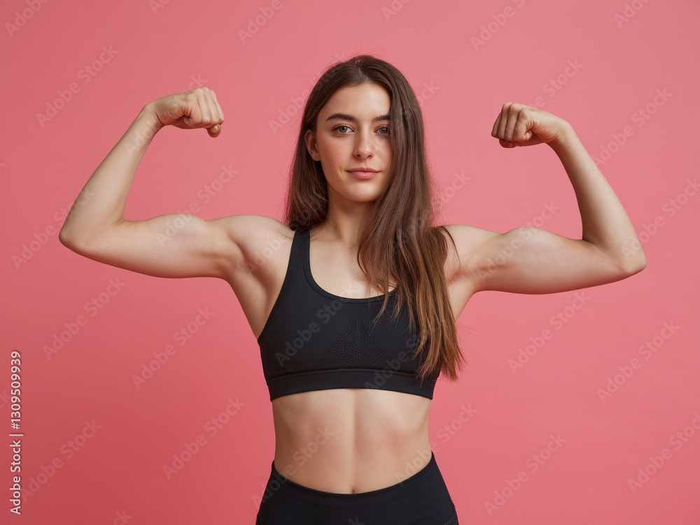 Strong young woman flexing her muscular arms against a pink background. Strong young woman flexing her muscular arms against a pink background.