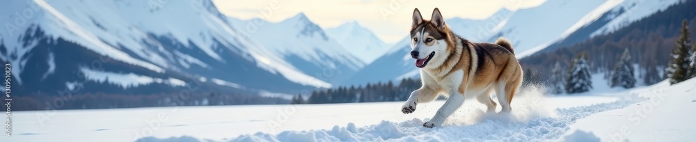 Joyful husky bounds through deep snow, majestic mountains backdrop, majestic, wildlife Joyful husky bounds through deep snow, majestic mountains backdrop, majestic, wildlife