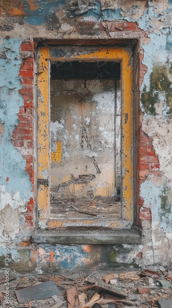 Naklejka premium Yellow doorway in decaying, colorful abandoned building