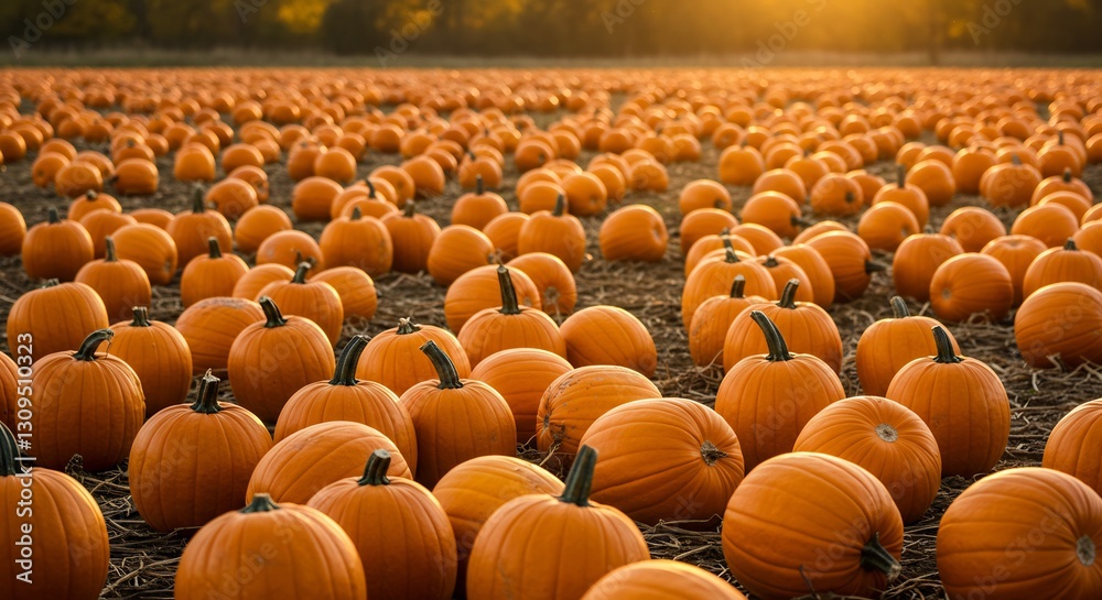 Obraz premium Golden Hour Pumpkin Patch Autumn Harvest. AI Generated
