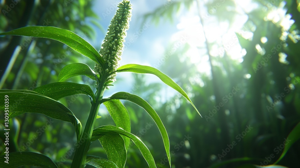 Obraz premium Close up of a dew covered plant with a tall, slender flower stalk in a lush green tropical forest setting. Bright sunlight filters through the dense foliage creating a vibrant, sunlit scene.