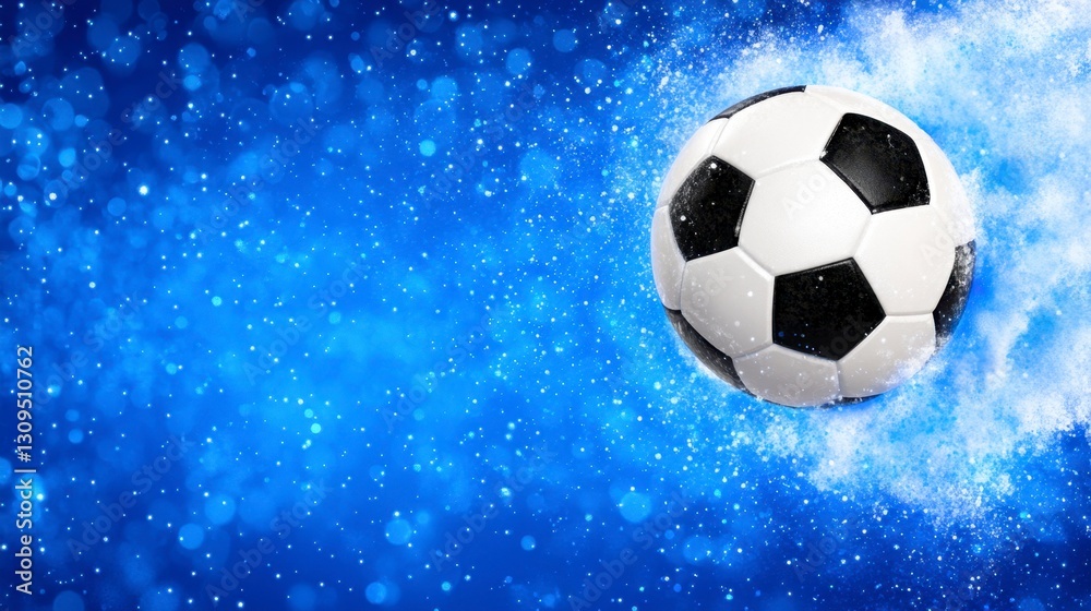 Fototapeta premium Black and white soccer ball in motion against a blue sparkling background. Dynamic image perfect for sports themes.