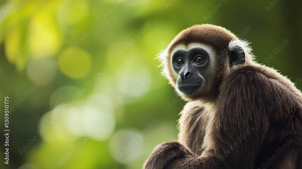 Fototapeta premium Authentic telephoto shot gibbon gazing peacefully into the distance lush green canopy blurred in the background cinematic feel 
