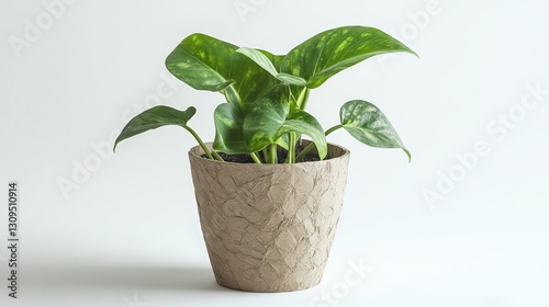 Green potted plant with lush leaves on white isolated background.