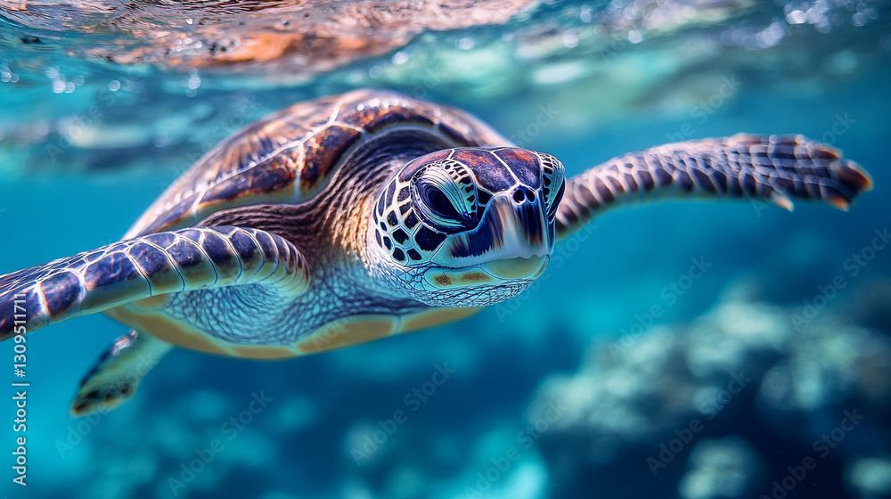 Fototapeta premium Stunning underwater image of a sea turtle swimming in vibrant blue ocean water reef coral photo green