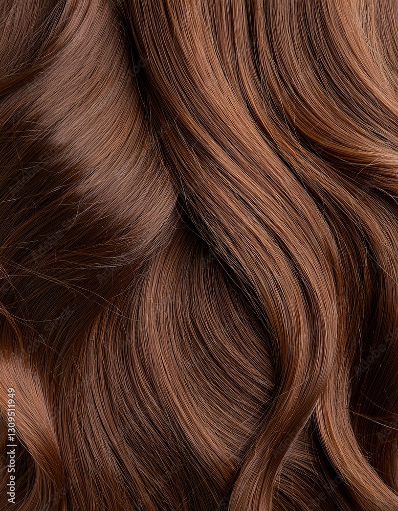 Glossy brown hair styled in soft waves highlighted in natural light Glossy brown hair styled in soft waves highlighted in natural light