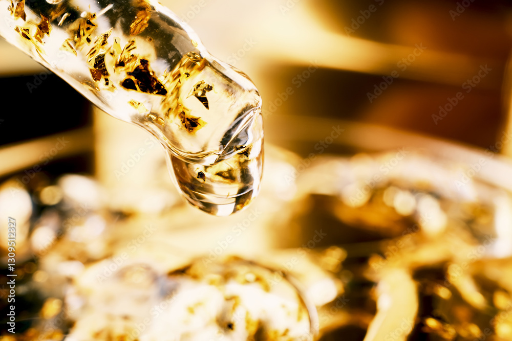Obraz premium Pipette with Golden skincare serum with gold flakes for luxurious beauty treatments