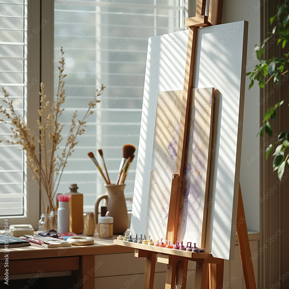 wooden easel with canvas and paintbrushes in a sunlit studio wooden easel with canvas and paintbrushes in a sunlit studio