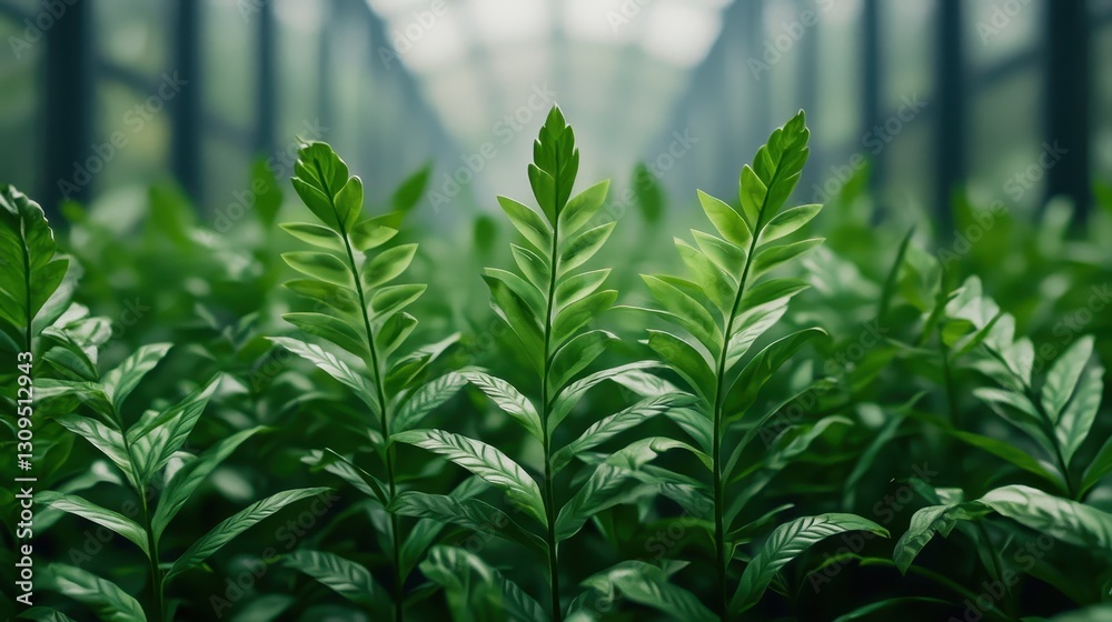 Obraz premium A lush foreground of vibrant green leaves, thriving in a glass greenhouse, showcasing nature's beauty and growth.