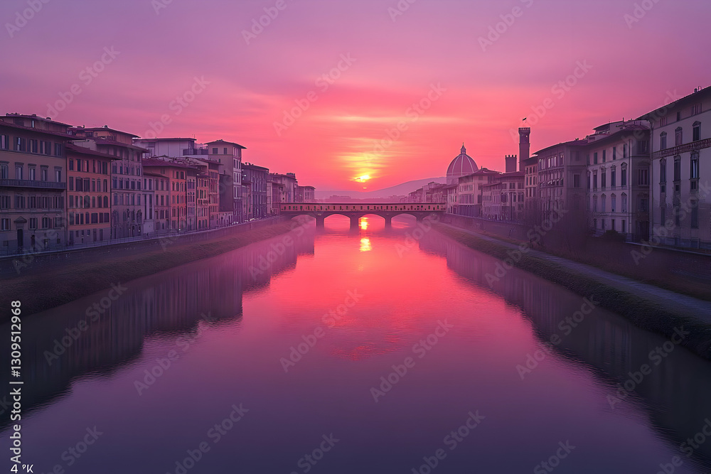 Fototapeta premium Colorful Sunrise Over Florence River And Bridge