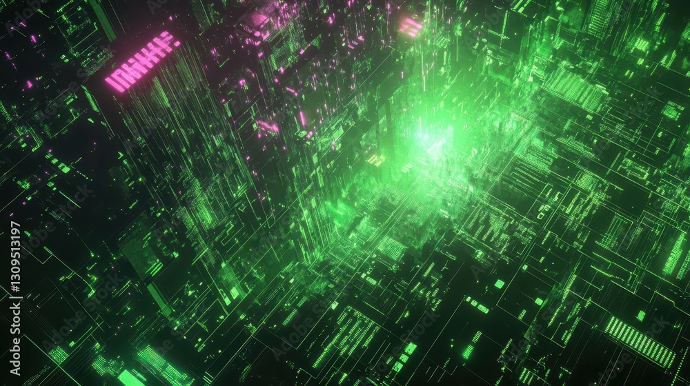 Fototapeta premium Cyberpunk city powered by quantum energy, neonlit quantum circuits connecting futuristic skyscrapers