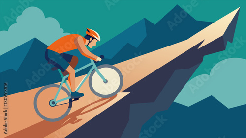 The trail suddenly takes a sharp turn and the rider must quickly lean their virtual bike into a banking turn to avoid slamming into the rocky wall.. Vector illustration