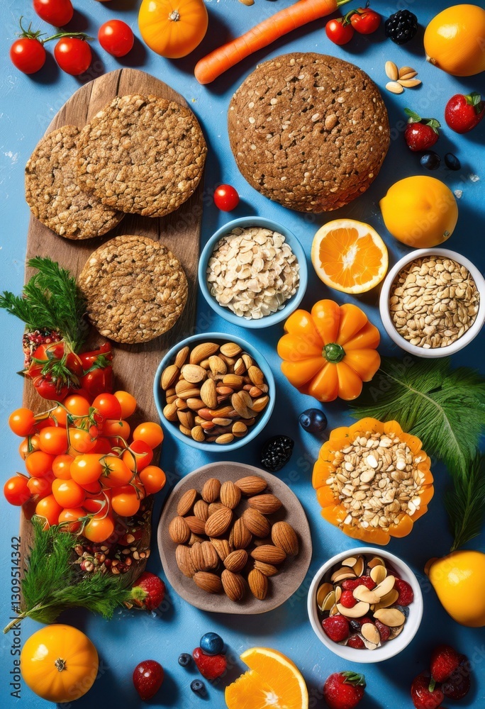 vibrant flat lay displaying variety assorted healthy snacks featuring whole grains bright background, nuts, fruits, vegetables, seeds, arrangement vibrant flat lay displaying variety assorted healthy snacks featuring whole grains bright background, nuts, fruits, vegetables, seeds, arrangement