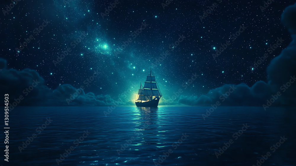 A mystical ship navigating through a starry night on calm waters. A mystical ship navigating through a starry night on calm waters.
