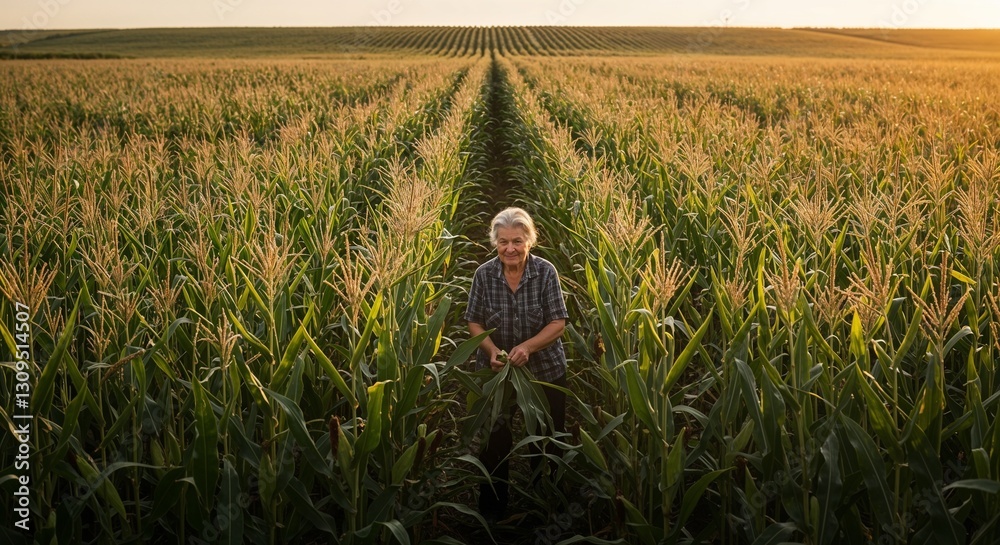 Fototapeta premium Elderly farmer tending to a cornfield during golden hour with a smile 