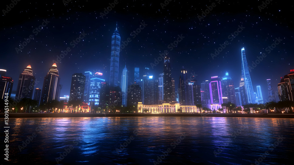 Fototapeta premium Night Cityscape 3D Illustration