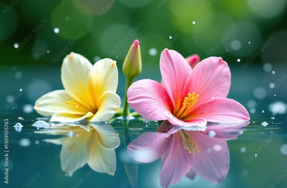 Fototapeta premium Summer Flowers in water. Lily in water with water drops. Summer rain banner poster placard. Perfect minimal style spring Nature Background.