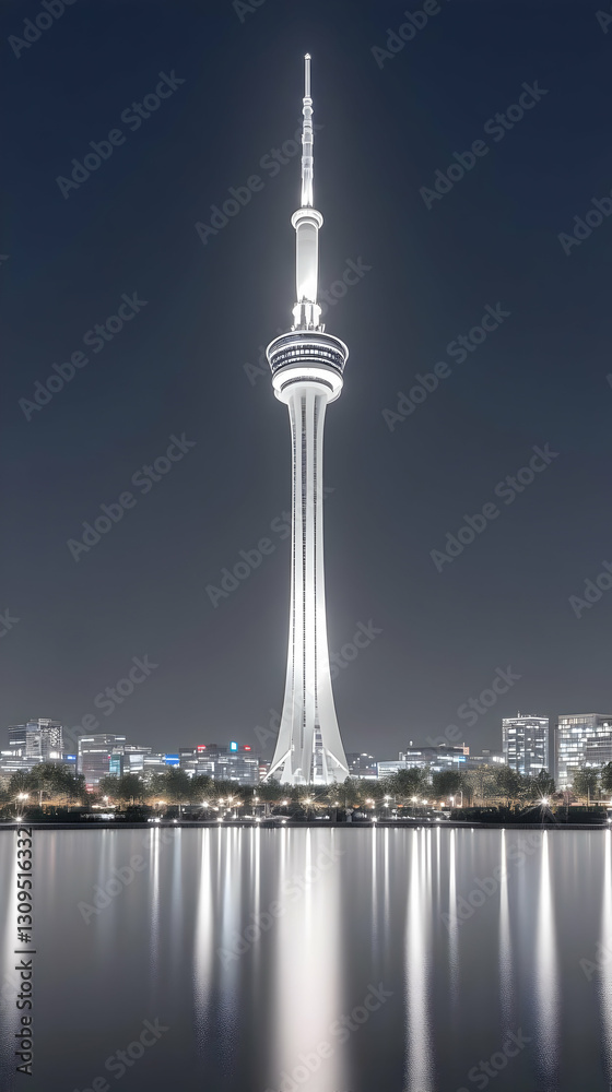 Obraz premium Night City Tower Reflection - Realistic Image