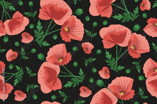 Beautiful Floral Seamless Pattern. Poppy Flowers background. Elegant Floral textile fabric wallpaper print template design. Folk motifs vector illustration. EPS 10