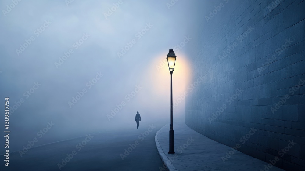 A single figure walks along a dimly lit alley at night, shrouded in heavy fog. A single figure walks along a dimly lit alley at night, shrouded in heavy fog.