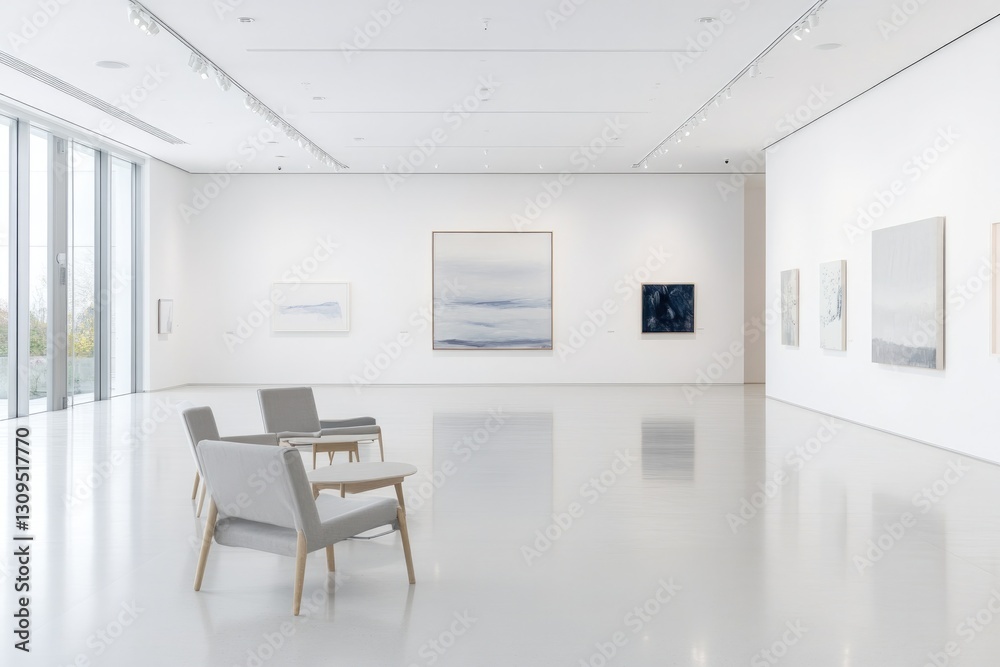 Fototapeta premium vast airy gallery with pristine white walls and elegantly spotlit displaying diverse artworks in various styles offers