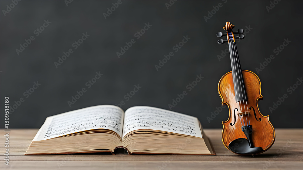 Fototapeta premium Open Book with Musical Notes and a Small Violin on a Wooden Surface