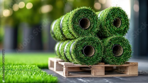 Wallpaper Mural Stacked rolls of artificial grass turf sit on a wooden pallet, ready for landscaping installation. Torontodigital.ca