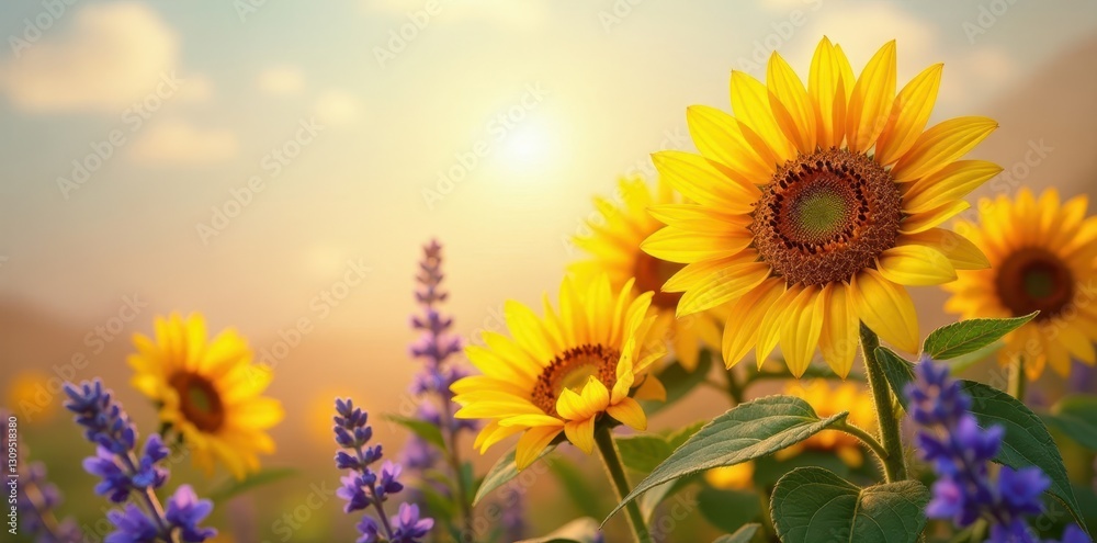 Obraz premium Sun-drenched sunflowers, lavender accents, soft texture, print, texture