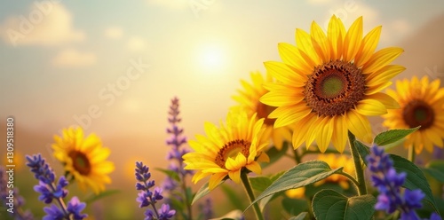 Sun-drenched sunflowers, lavender accents, soft texture, print, texture