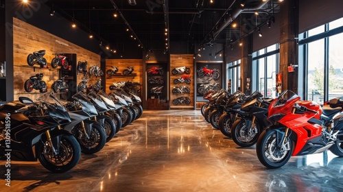 Showroom featuring various motorcycle models in a modern dealership setting with sleek designs