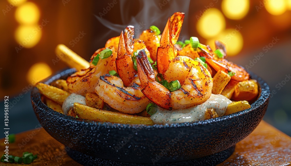 Indulge in the ultimate comfort food spicy Cajun fries This mouthwatering dish features crispy, golden fries generously loaded with a blanket of melted cheese Topped with perfectly grilled shrimp Indulge in the ultimate comfort food spicy Cajun fries This mouthwatering dish features crispy, golden fries generously loaded with a blanket of melted cheese Topped with perfectly grilled shrimp