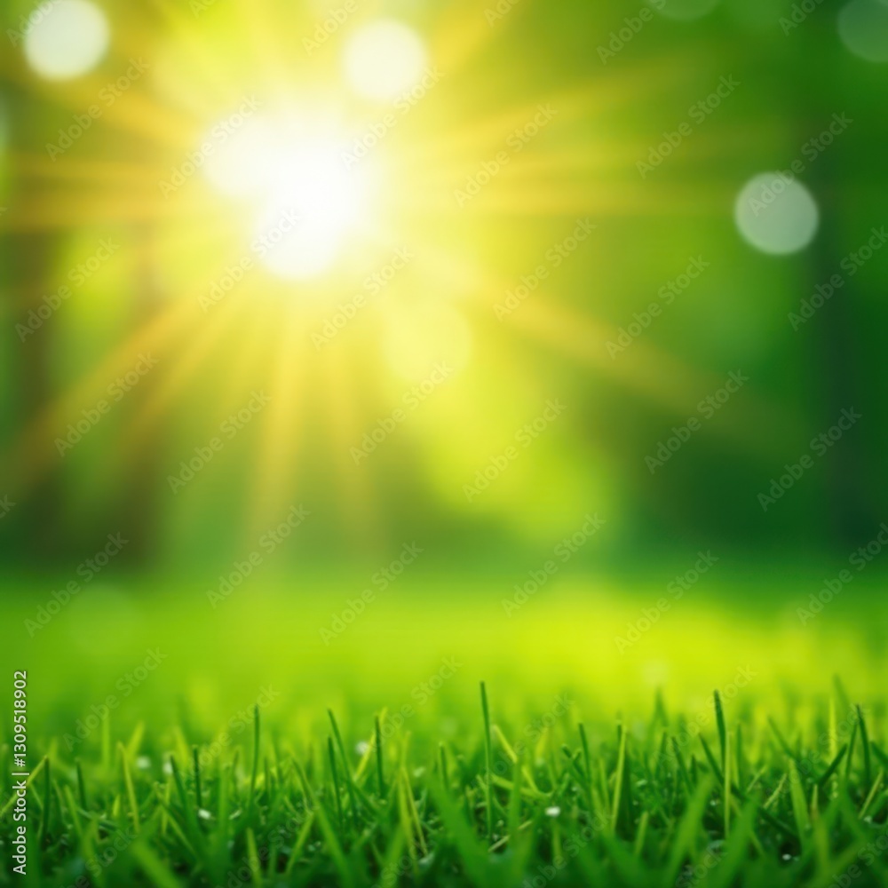Obraz premium Sunlit green grass bokeh background Soft focus, summer vibe , aesthetic, sun, lawn