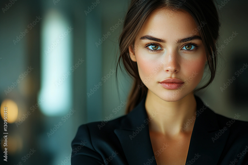 Fototapeta premium Generative AI portrait of an elegant businesswoman in a stylish suit with a confident expression in a modern office