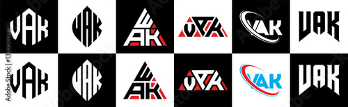 VAK letter logo design in six style. VAK polygon, circle, triangle, hexagon, flat and simple style with black and white color variation letter logo set in one artboard. VAK minimalist and classic logo