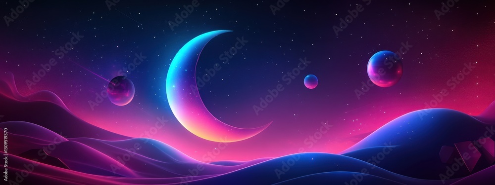 Fototapeta premium A Vibrant Cosmic Landscape Featuring Celestial Bodies and a Majestic Crescent Moon