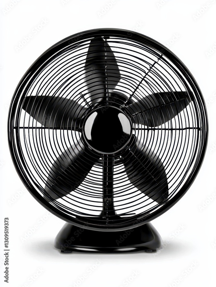 Black Metal Five Bladed Table Fan on White Background