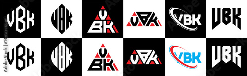 VBK letter logo design in six style. VBK polygon, circle, triangle, hexagon, flat and simple style with black and white color variation letter logo set in one artboard. VBK minimalist and classic logo