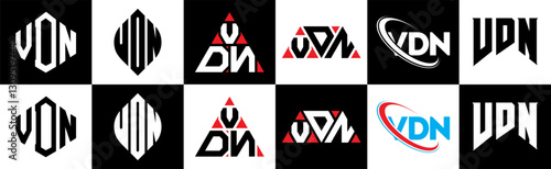 VDN letter logo design in six style. VDN polygon, circle, triangle, hexagon, flat and simple style with black and white color variation letter logo set in one artboard. VDN minimalist and classic logo