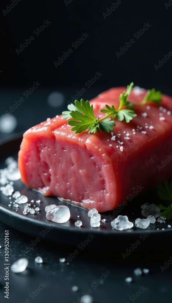 Vacuum-sealed meat, icy surface, dramatic black, frozen food, texture Vacuum-sealed meat, icy surface, dramatic black, frozen food, texture