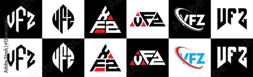 VFZ letter logo design in six style. VFZ polygon, circle, triangle, hexagon, flat and simple style with black and white color variation letter logo set in one artboard. VFZ minimalist and classic logo