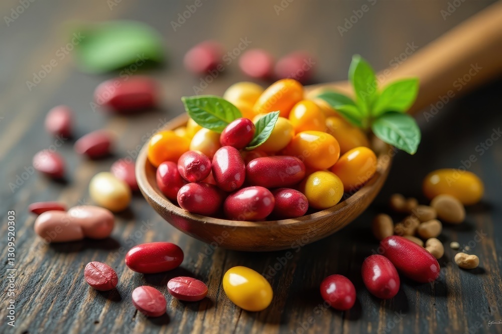 Variety of colorful health supplements in wooden spoon , remedy, health Variety of colorful health supplements in wooden spoon , remedy, health