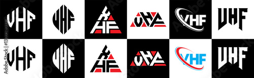 VHF letter logo design in six style. VHF polygon, circle, triangle, hexagon, flat and simple style with black and white color variation letter logo set in one artboard. VHF minimalist and classic logo